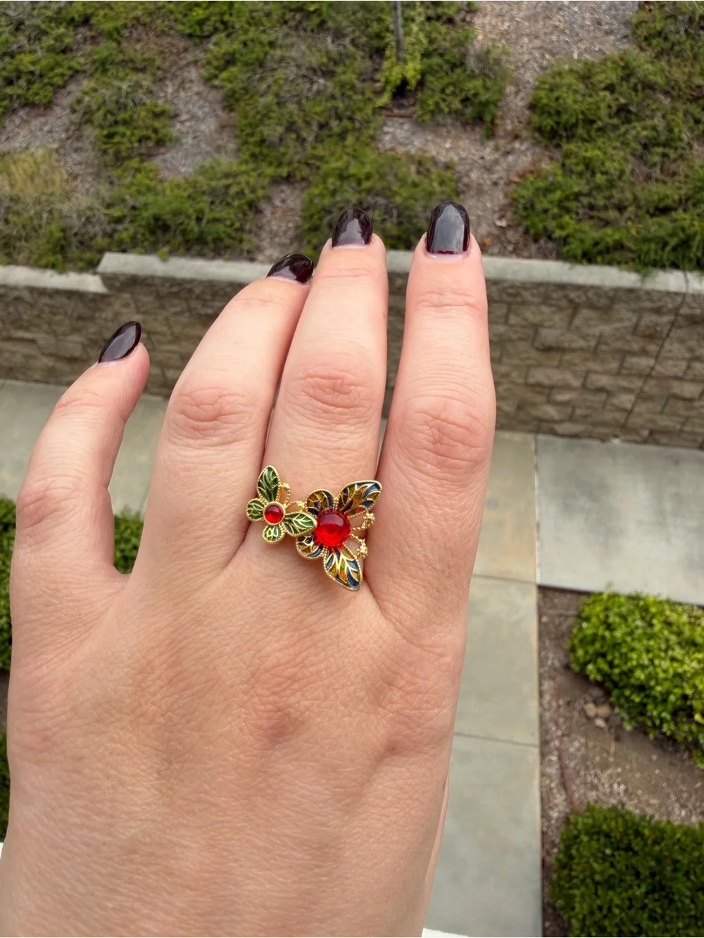 Gold Butterfly Ring with Red and Green Enamel Accents